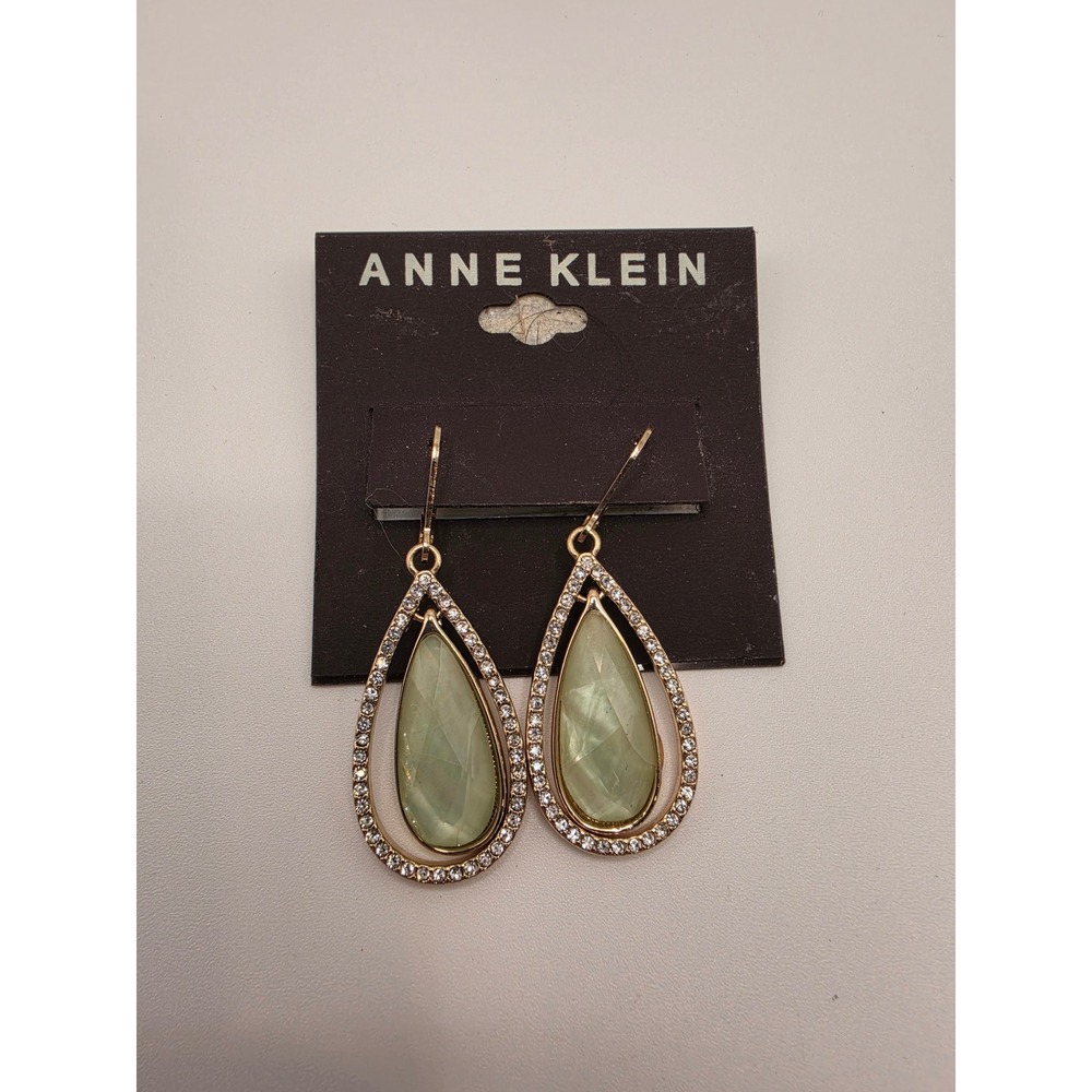 Anne Klein Gold Tone Light Green Stone Pavé Crystal Teardrop Drop Earrings JA204